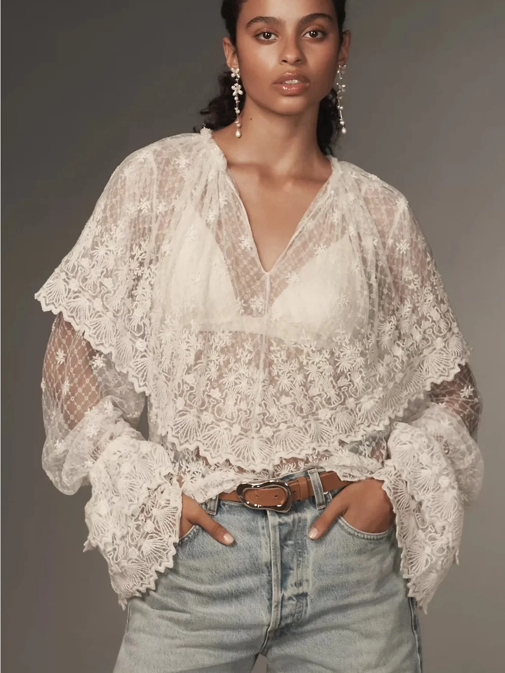 Anthropologie Forever That Girl Long-Sleeve Lace-Bib Blouse